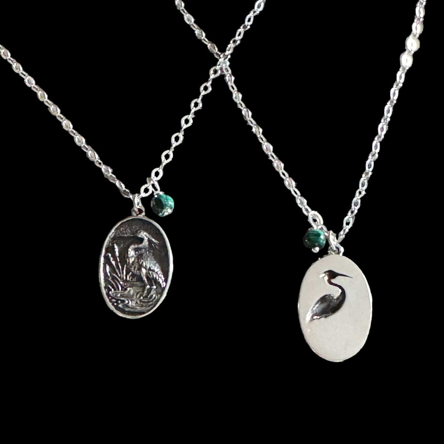 Jackie Gallagher Designs - Handmade Coastal Jewelry - Blue Heron with Malachite Necklace, sterling silver