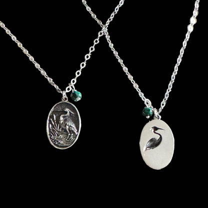 Jackie Gallagher Designs - Handmade Coastal Jewelry - Blue Heron with Malachite Necklace, sterling silver