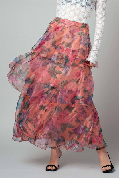 Sheer Floral Print Tiered Organza Maxi Skirt