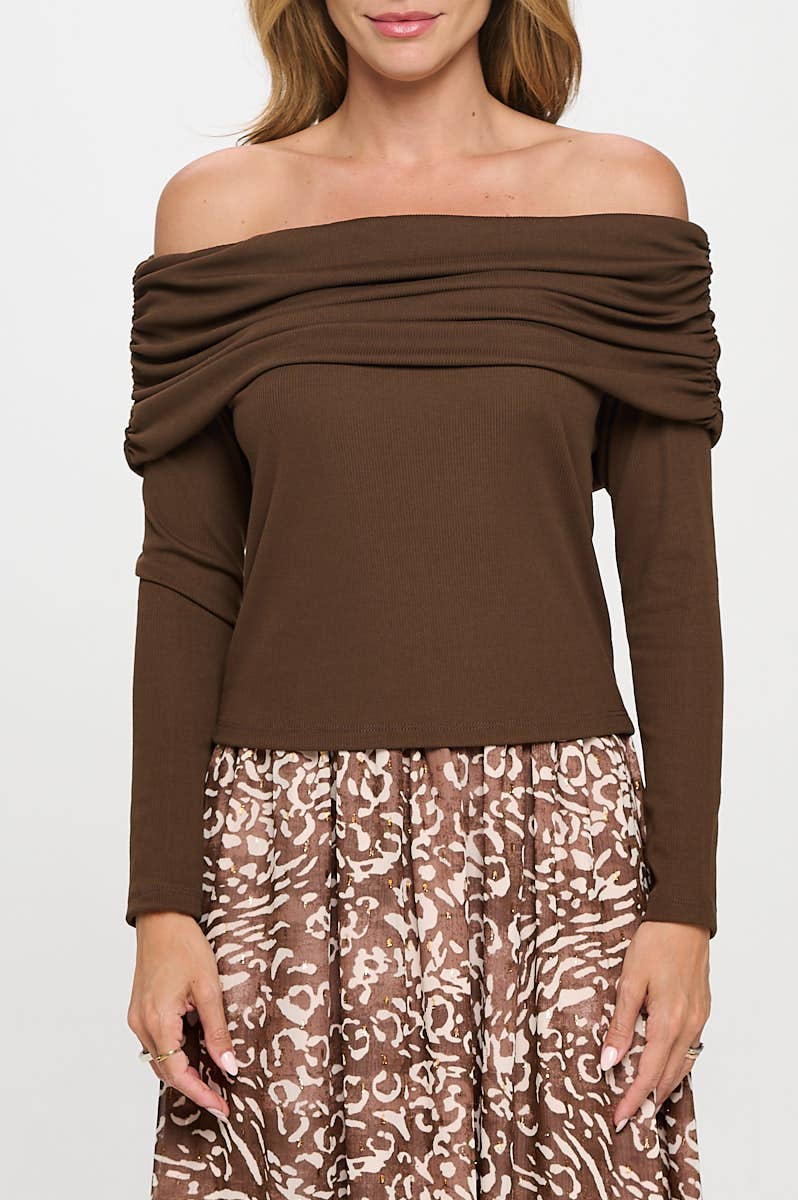 Renee C. - Made in USA Rib Knit Long Sleeve Off the Shoulder Top