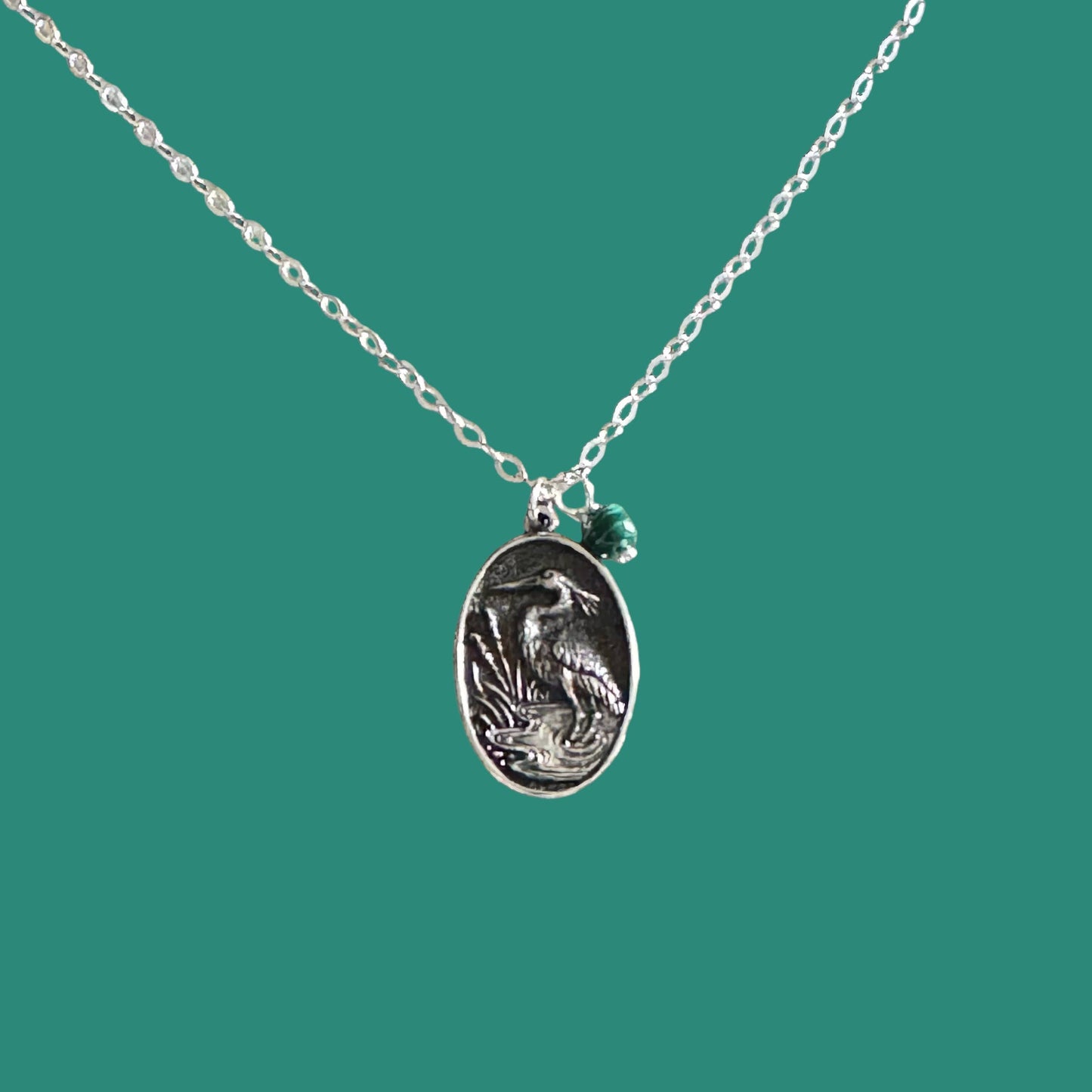 Jackie Gallagher Designs - Handmade Coastal Jewelry - Blue Heron with Malachite Necklace, sterling silver