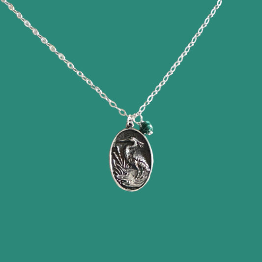 Jackie Gallagher Designs - Handmade Coastal Jewelry - Blue Heron with Malachite Necklace, sterling silver