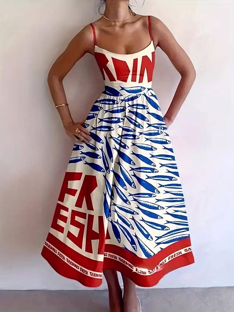 Rosa Clothing - Smocked mackerel print sundress seaside ocean strap dress
