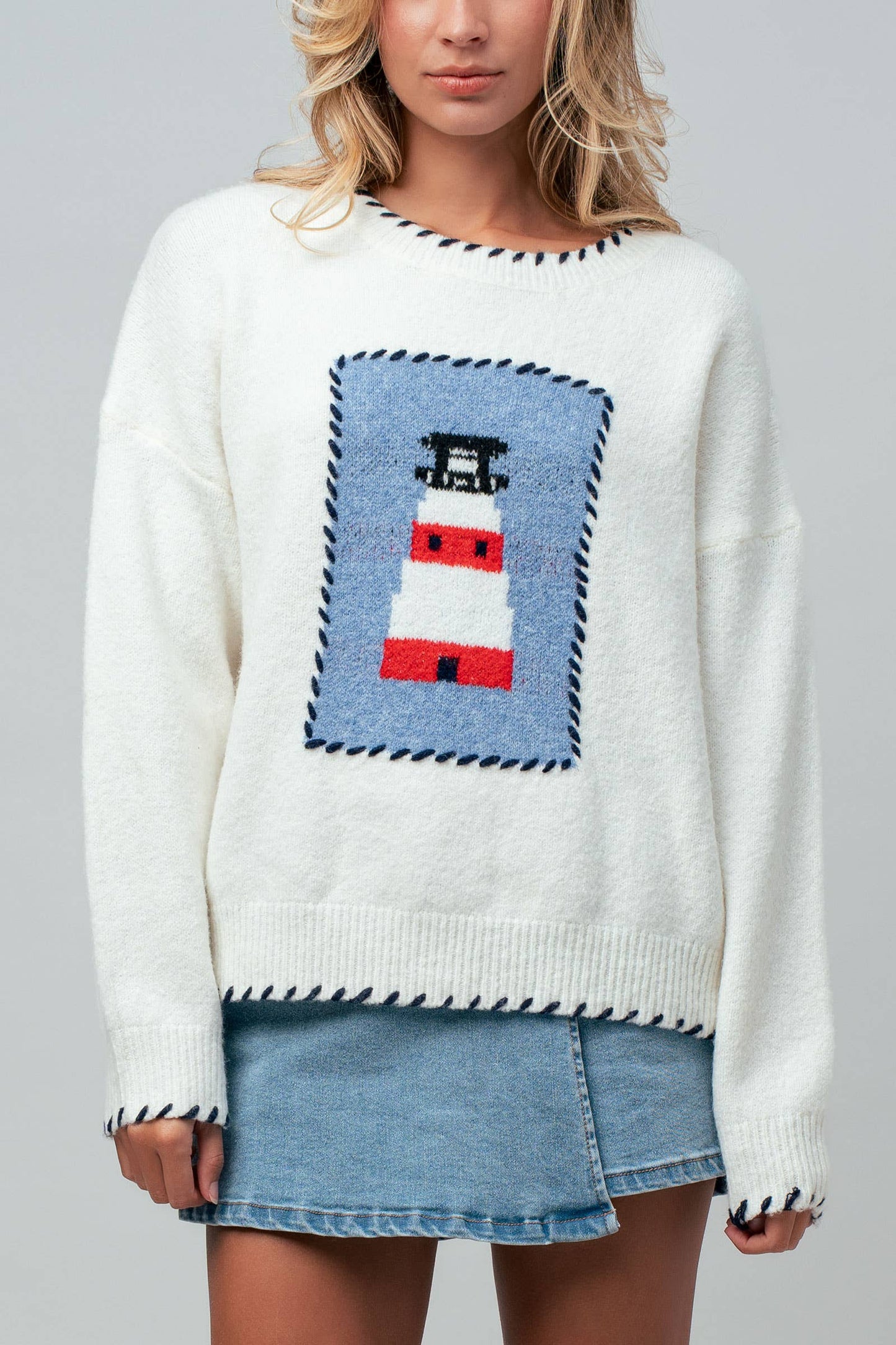 Whipstitch Trim Lighthouse Knit Sweater