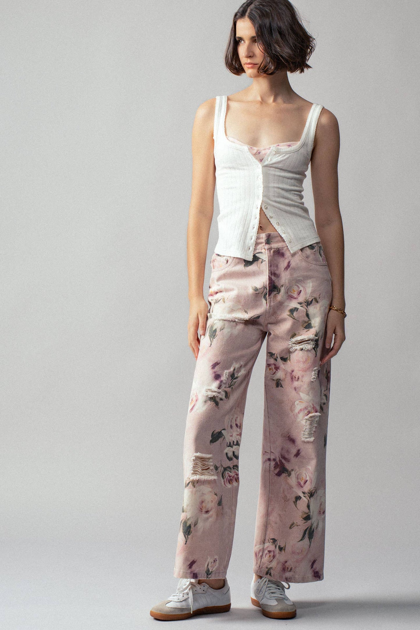 Urban Daizy - Romantic Rose Print High-Rise Denim Pants