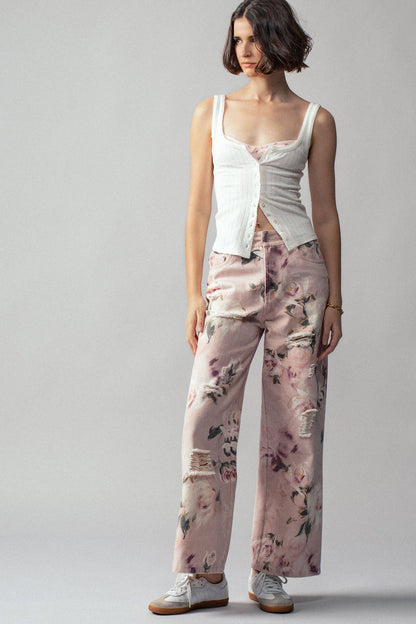 Urban Daizy - Romantic Rose Print High-Rise Denim Pants