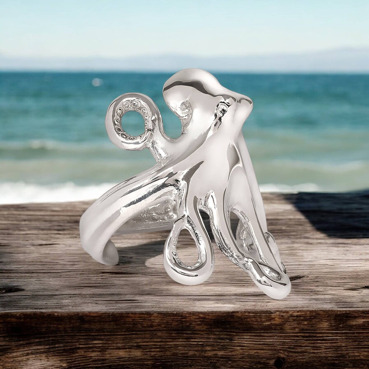 Big Blue by Roland St John - Octopus Ring Sterling Silver Adjustable Octopus Ring Sea Life Ring Scuba Diving Jewelry Gifts For Octopus Lovers