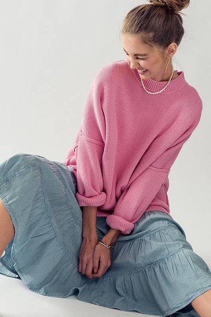 OVERSIZED SIDE SLIT CREW NECK COZY SWEATER: GREY / S-2/M-2/L-2