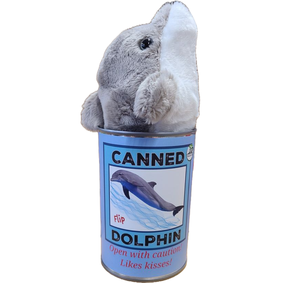 Canned Gifts - Flip the Canned Dolphin | Stuffed Animal Plush w/Jokes |Gift