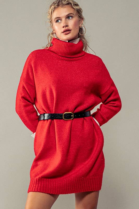 THICK TURTLENECK LOOSE FIT KNIT SWEATER DRESS
