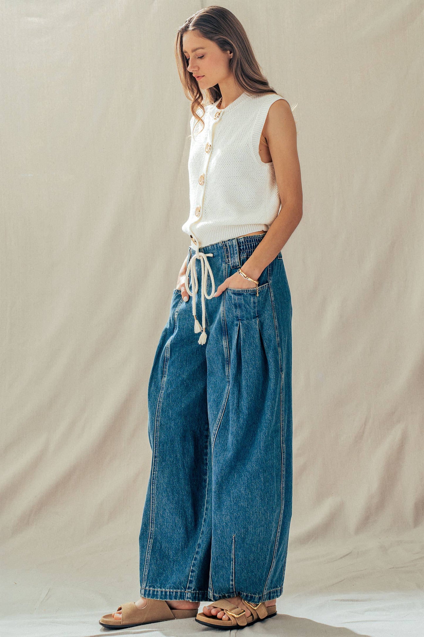 Urban Daizy - Rope Drawstring Balloon Pants Pleated Front