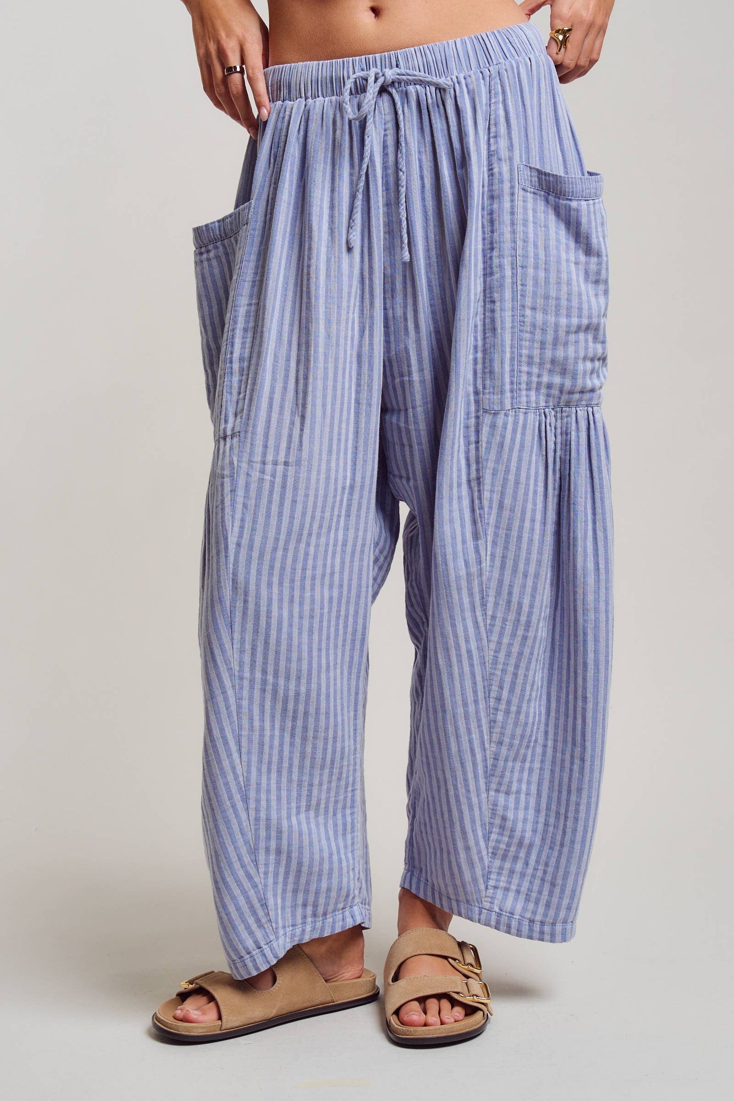 Urban Daizy - Striped Cotton Drawstring Harem Pants
