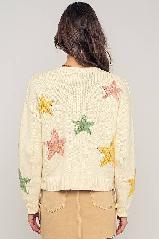 Urban Daizy - Pastel Star Intarsia Knit Boxy Cropped Sweater: IVORY / S/M-3:M/L-3