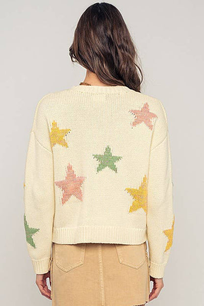 Urban Daizy - Pastel Star Intarsia Knit Boxy Cropped Sweater: IVORY / S/M-3:M/L-3
