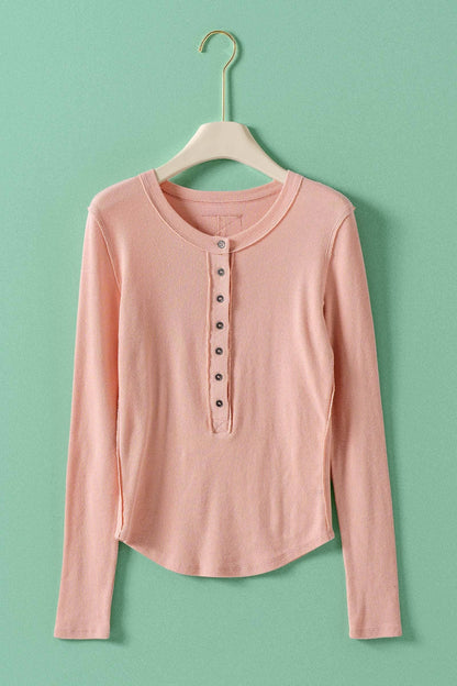 Ribbed Henley Long Sleeve Top