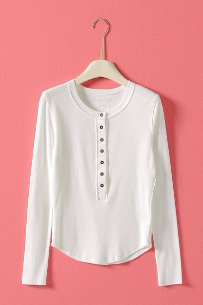Ribbed Henley Long Sleeve Top