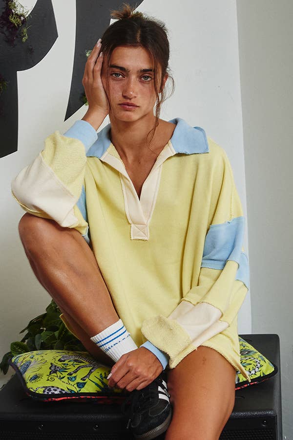 BUCKETLIST - T2004E French Terry Color-block Collared Loose Fit Top: YELLOW/BABYBLUE / S-M-L (2-2-2)