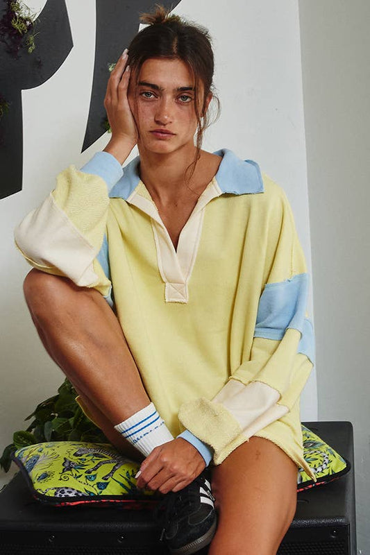 BUCKETLIST - T2004E French Terry Color-block Collared Loose Fit Top: YELLOW/BABYBLUE / S-M-L (2-2-2)