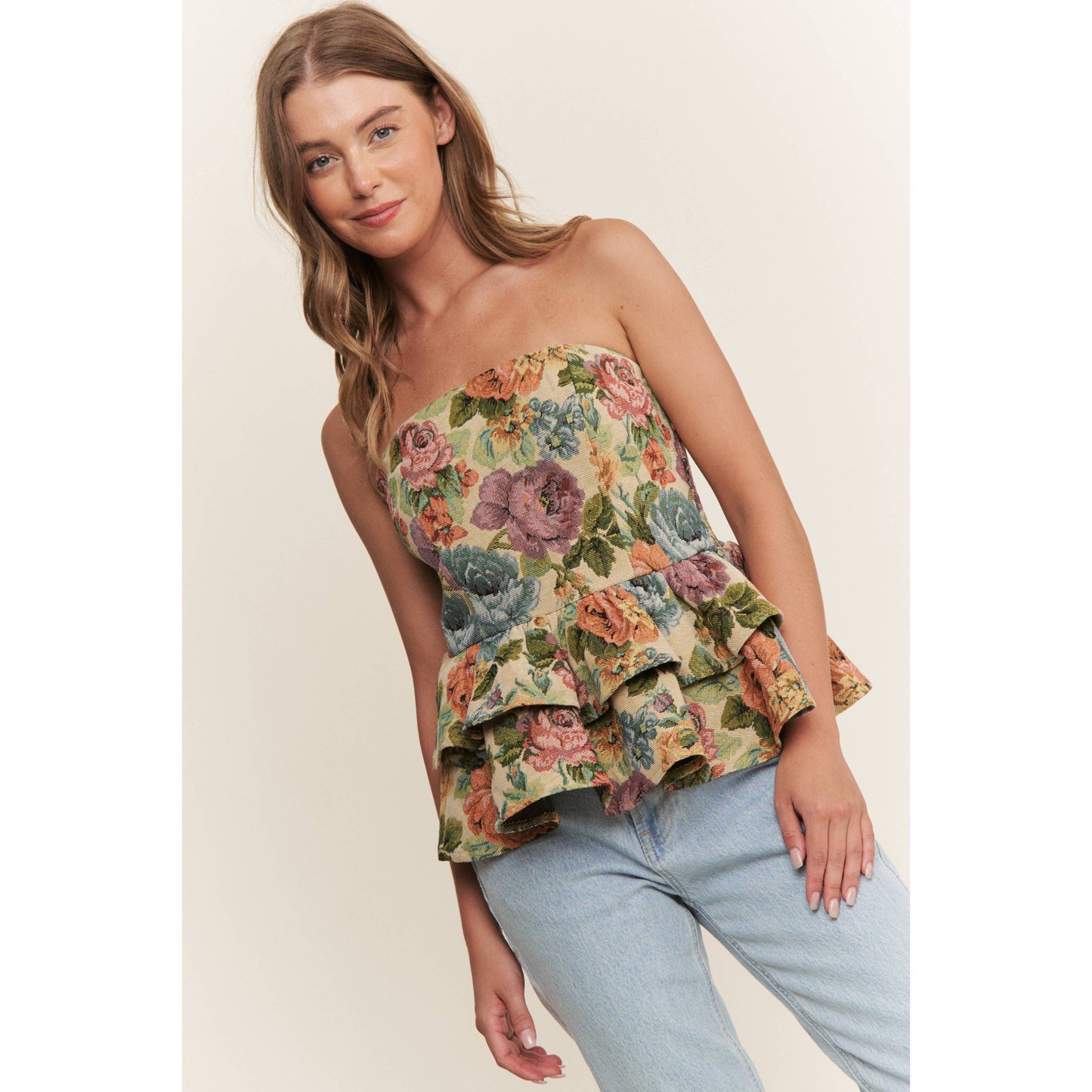 Sweet Generis - VINTAGE FLORAL PRINT WOVEN PEPLUM TIERED TUBE TOP