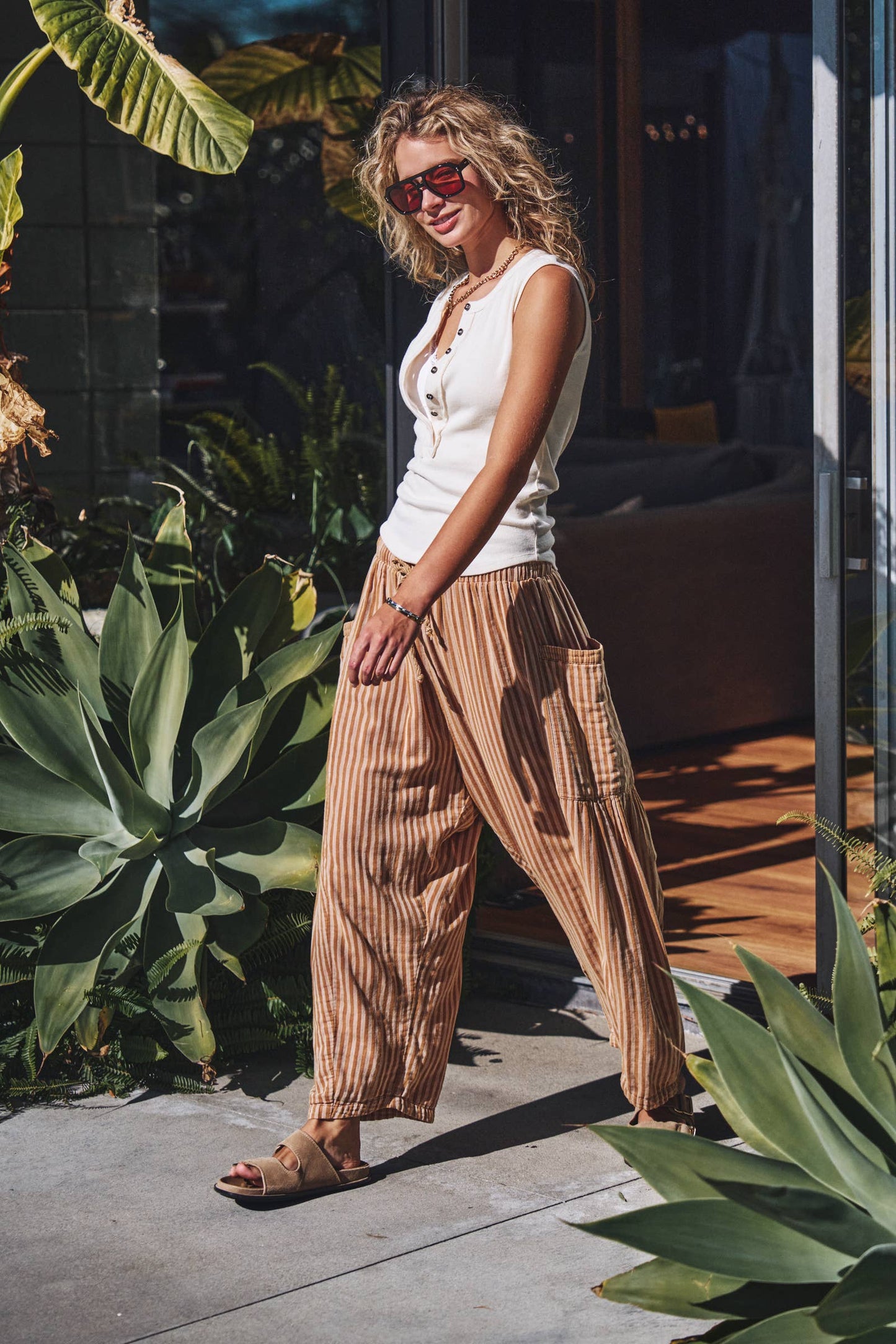 Urban Daizy - Striped Cotton Drawstring Harem Pants