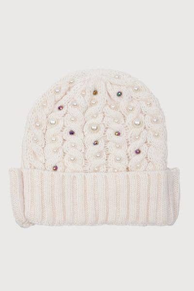 SAACHI - Pearl Cable Knit Beanie: Ivory