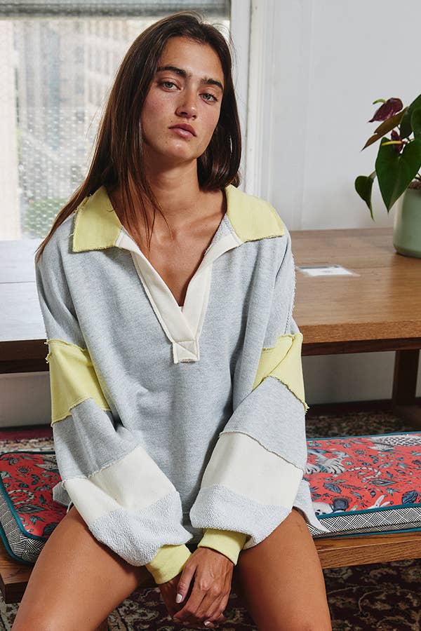 BUCKETLIST - T2004E French Terry Color-block Collared Loose Fit Top: YELLOW/BABYBLUE / S-M-L (2-2-2)