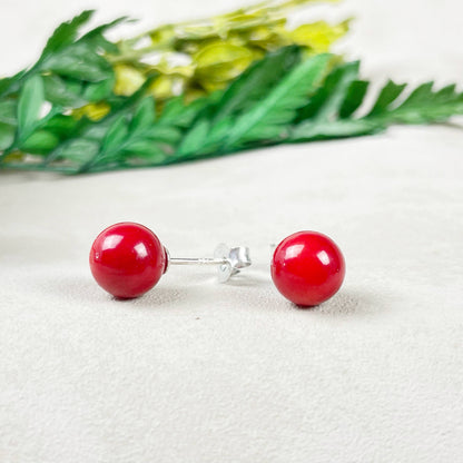 Ewelina Pas Jewelry - Silver 8mm Red Coral Orb Stud Earrings
