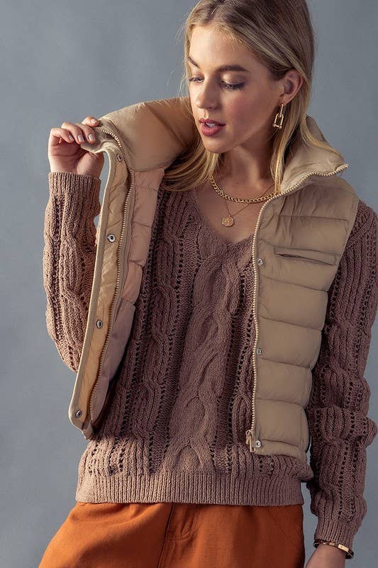 Urban Daizy - STRIPE QUILTED STAND COLLAR PADDED VEST JACKET : YELLOW STONE / S-2/M-2/L-2