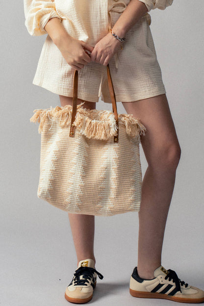 Textured Geometric Fringe Tote Bag