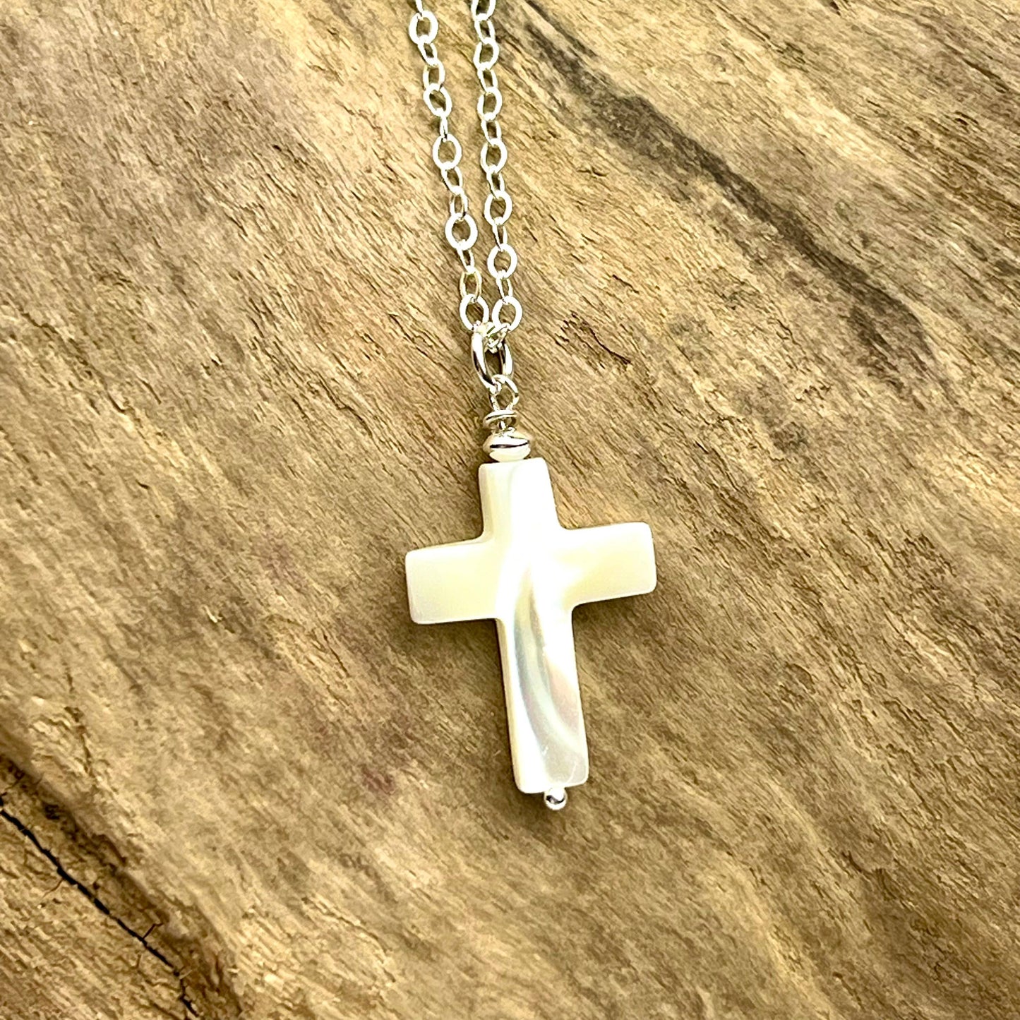 Jackie Gallagher Designs - Handmade Coastal Jewelry - Mother of Pearl Cross Necklace