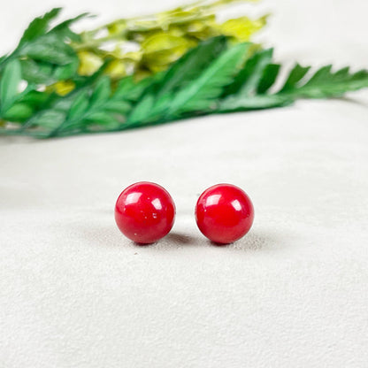 Ewelina Pas Jewelry - Silver 8mm Red Coral Orb Stud Earrings