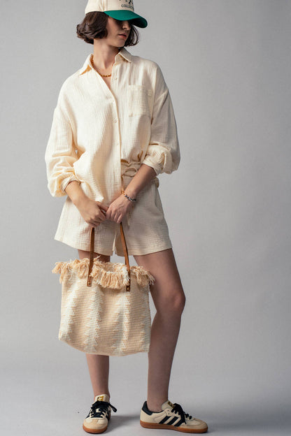 Textured Geometric Fringe Tote Bag