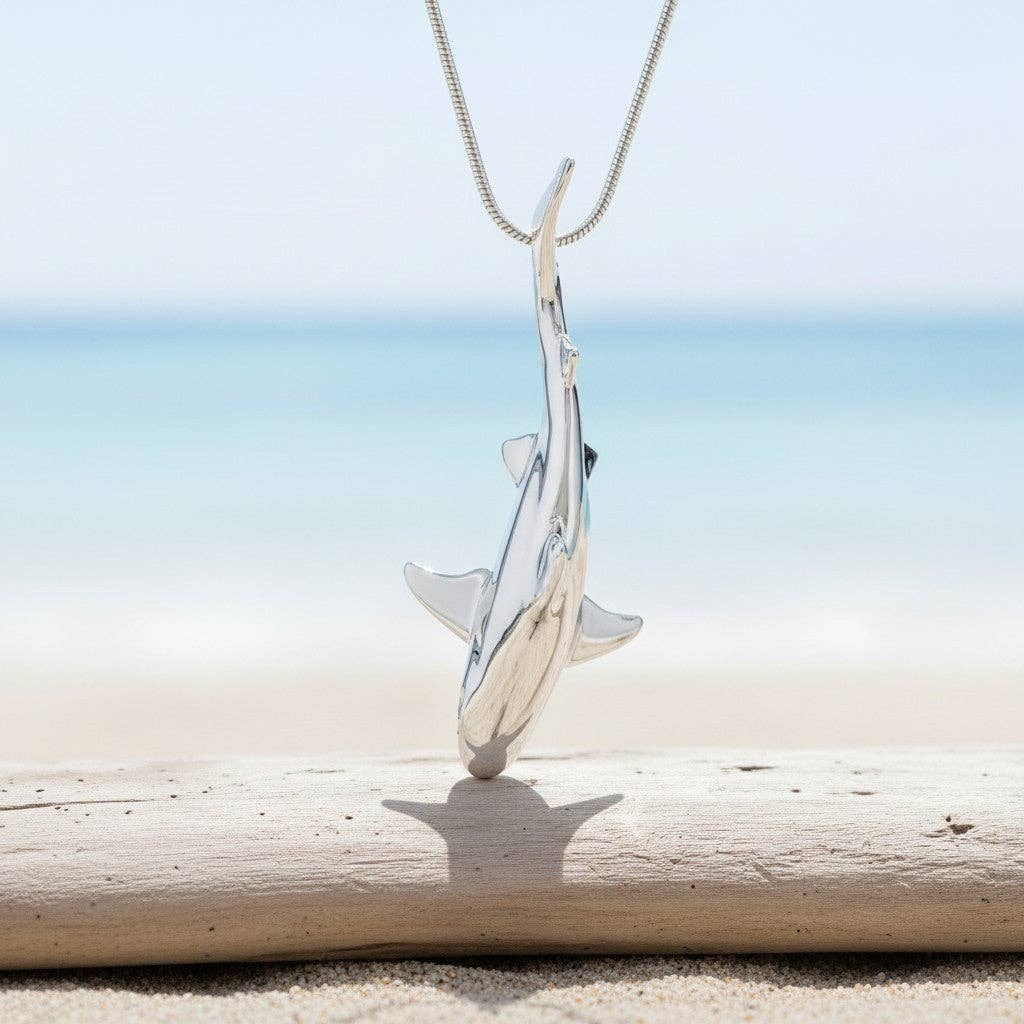 Big Blue by Roland St John - Shark Necklace for Women Sterling Silver- Grey Reef Shark Necklace for Women, Sterling Silver Reef Shark Necklace, Shark Jewelry, Shark Pendant