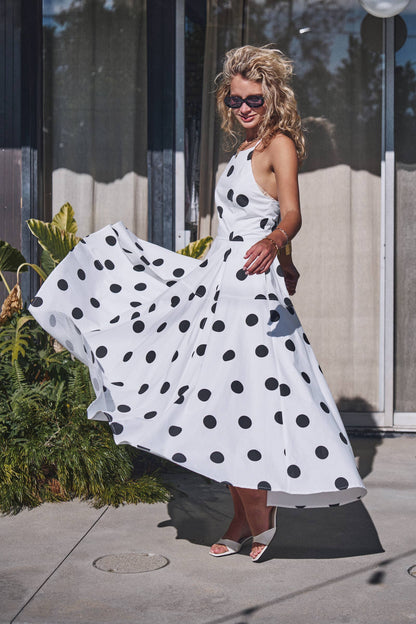 Urban Daizy - Polka Dot Halter Cotton Maxi Dress Smocked Back