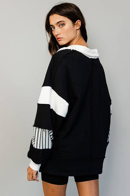 BUCKETLIST - T2004 -French Terry Knit Color-block Collared Loose Fit Top: S-M-L (2-2-2) / IVORY/NAVY