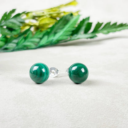 Ewelina Pas Jewelry - Silver 8mm Malachite Orb Stud Earrings