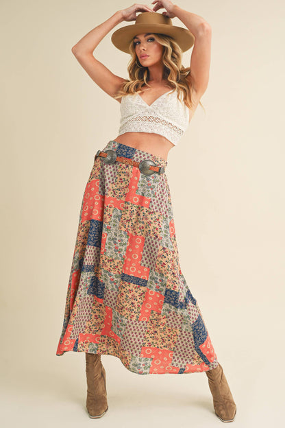 AEMI + CO - 773DN Bradyn Patchwork Print Skirt: M / Contemporary / Mint/Pink