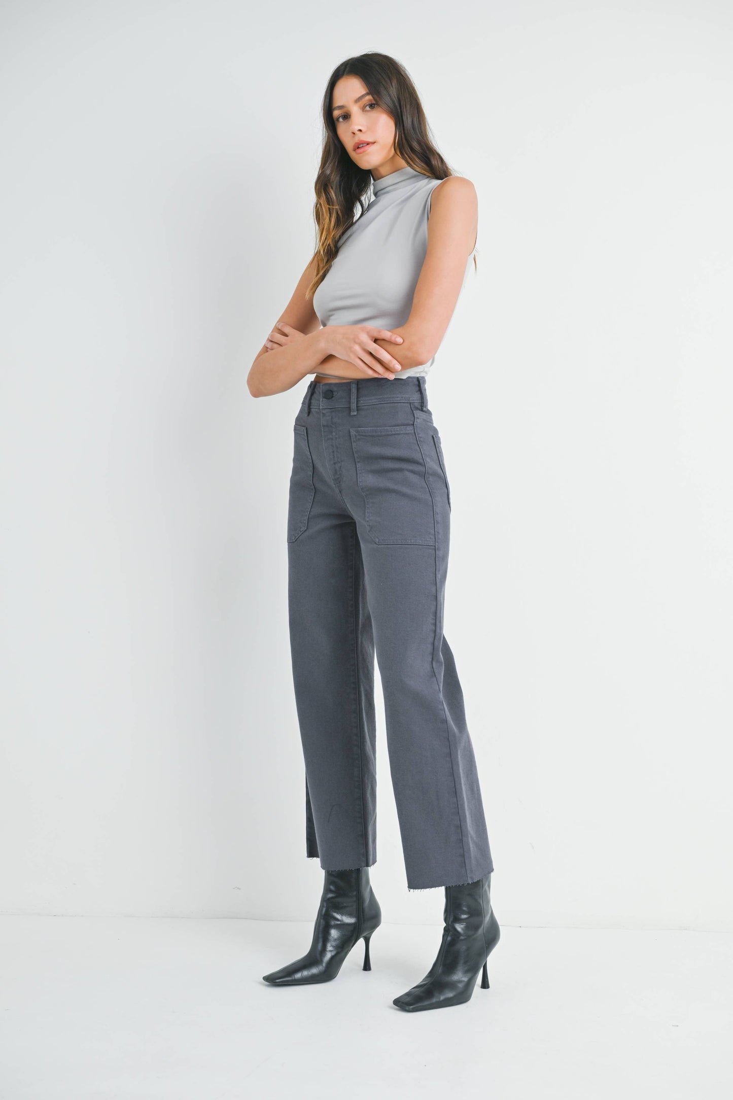 JUST BLACK DENIM - BP353J - CHARCOAL - High Rise Utility Wide Leg