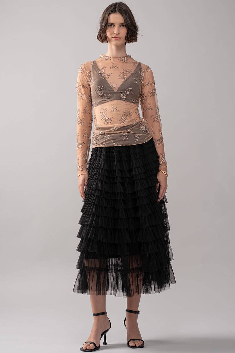 Urban Daizy - Tiered Tulle Midi Skirt with Romantic Ruffles