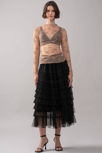 Urban Daizy - Tiered Tulle Midi Skirt with Romantic Ruffles