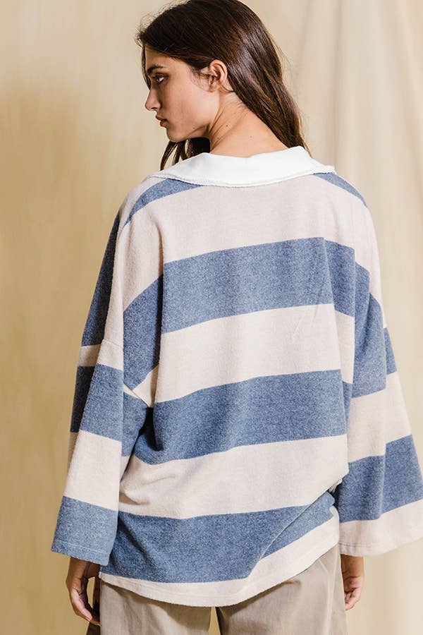 BUCKETLIST - T1211 Soft Brush Striped Big Collared Pullover Sweatshirt: S-M-L (2-2-2) / DENIM/CREAM
