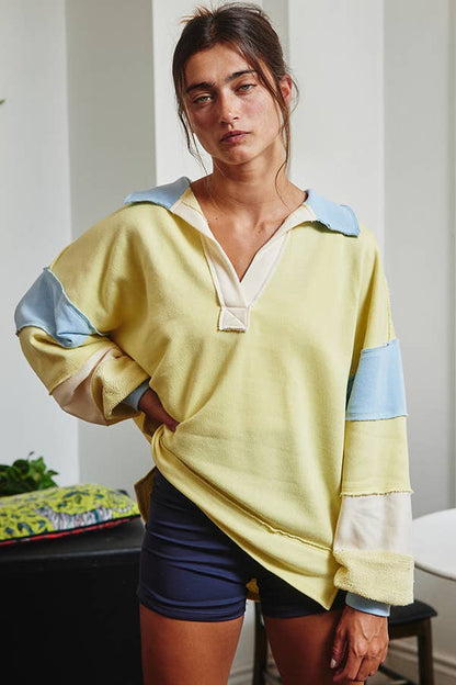BUCKETLIST - T2004E French Terry Color-block Collared Loose Fit Top: YELLOW/BABYBLUE / S-M-L (2-2-2)