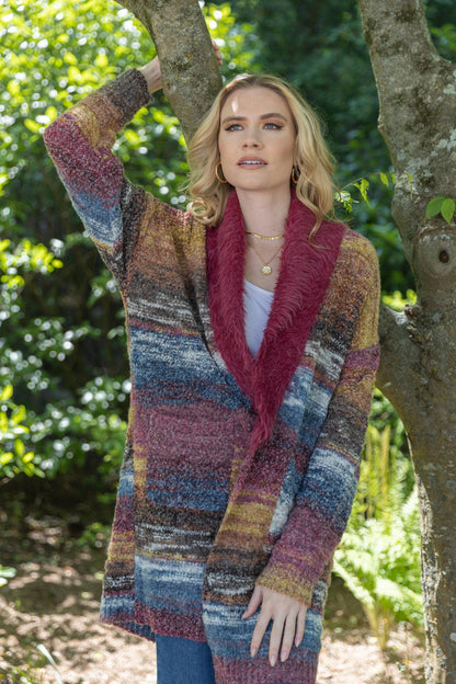 SAACHI - Fur Collared Abstract Striped Cardigan