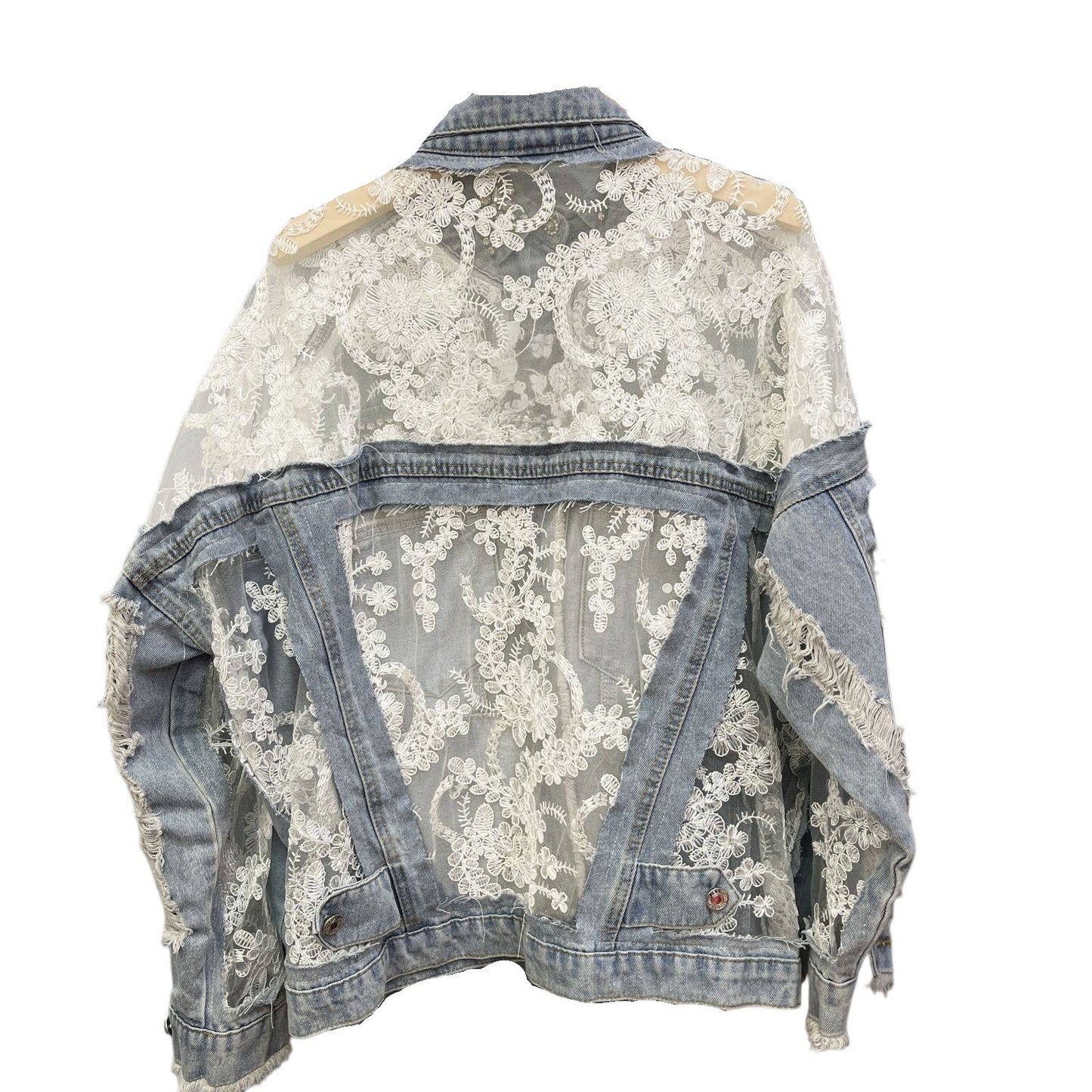 Rosa Clothing - Sheer Floral Lightweight Embroidered Lace Denim Jacket