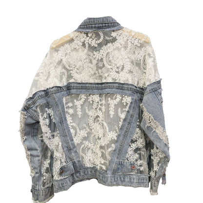 Rosa Clothing - Sheer Floral Lightweight Embroidered Lace Denim Jacket