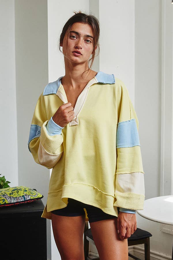 BUCKETLIST - T2004E French Terry Color-block Collared Loose Fit Top: YELLOW/BABYBLUE / S-M-L (2-2-2)
