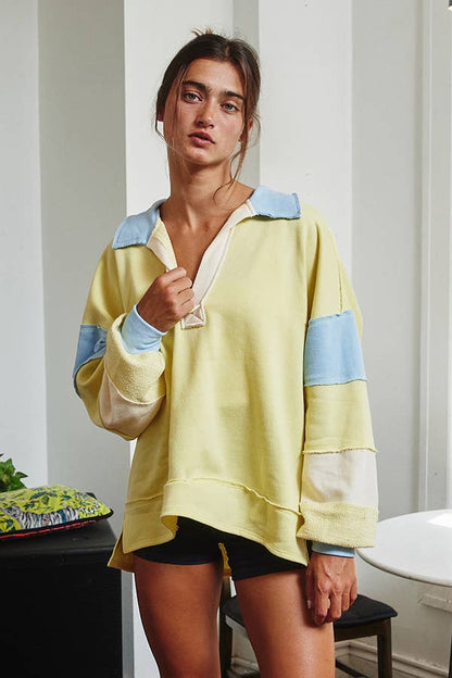 BUCKETLIST - T2004E French Terry Color-block Collared Loose Fit Top: YELLOW/BABYBLUE / S-M-L (2-2-2)