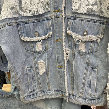 Rosa Clothing - Sheer Floral Lightweight Embroidered Lace Denim Jacket