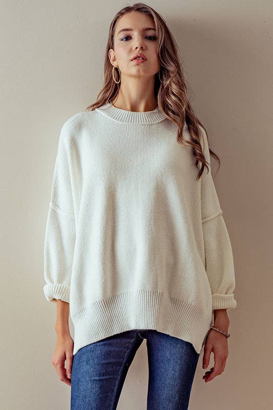 OVERSIZED SIDE SLIT CREW NECK COZY SWEATER: GREY / S-2/M-2/L-2
