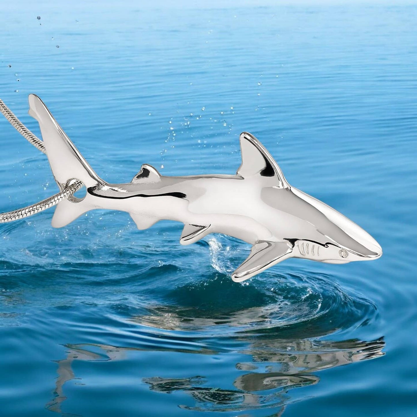 Big Blue by Roland St John - Shark Necklace for Women Sterling Silver- Grey Reef Shark Necklace for Women, Sterling Silver Reef Shark Necklace, Shark Jewelry, Shark Pendant